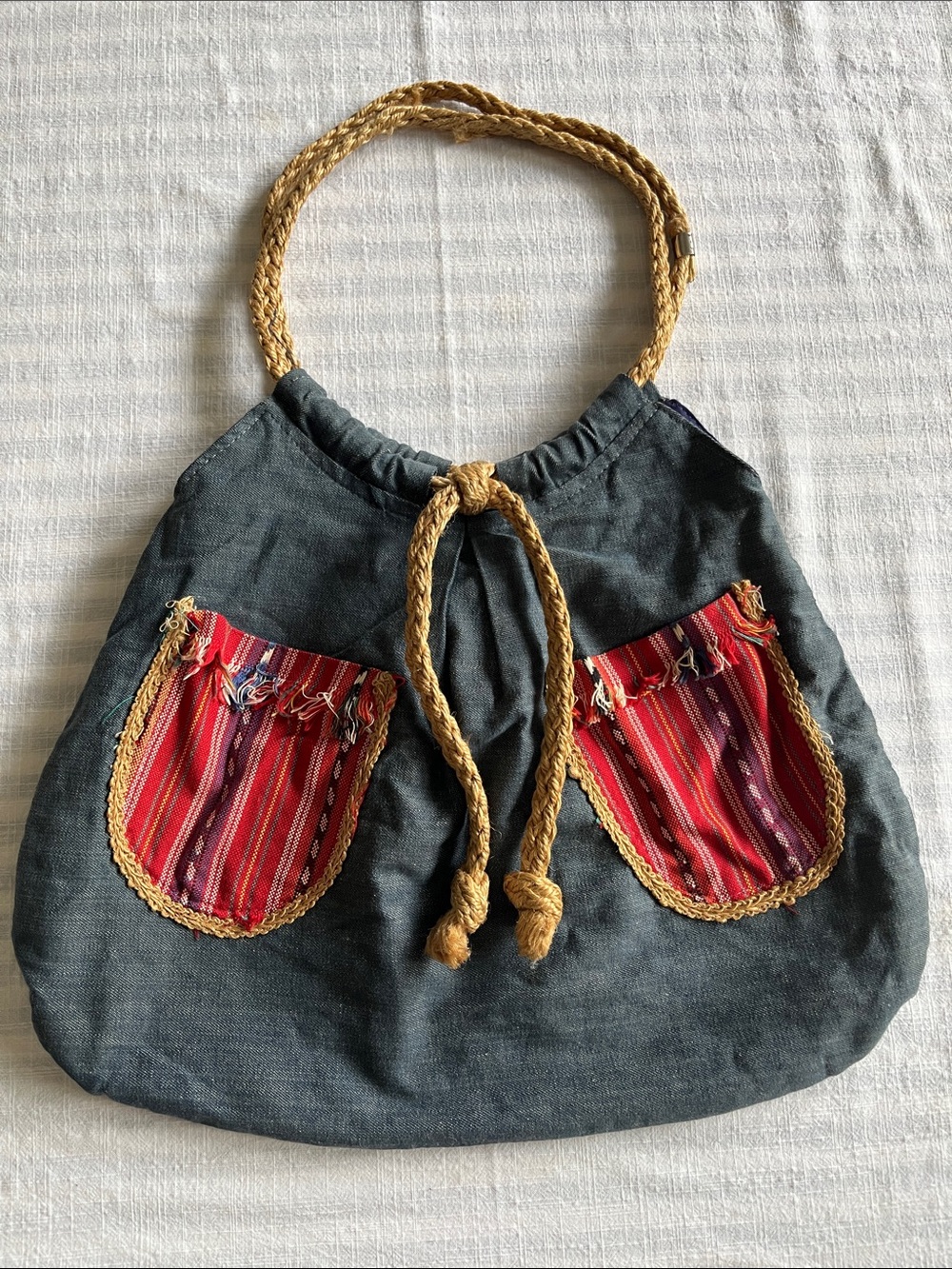 Vintage‎ 70's Knapp Sacs Denim Blue Drawstring Tote with Pockets